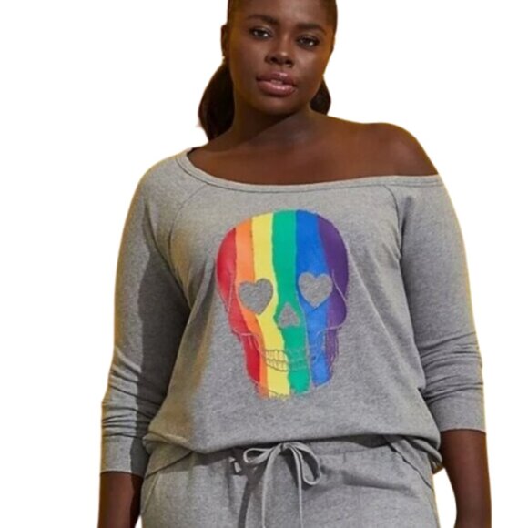 Torrid Celebrate Love Off-Shoulder Sweatshirt - Rainbow Skull Grey - Picture 2 of 9